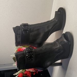 Karl Lagerfeld Black Peep-Toe High-Heel Ankle Boots with Decorative Buckle